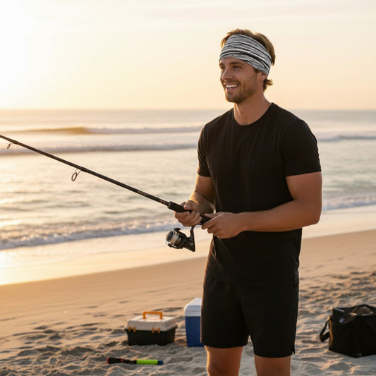 Man fishing on a beach at sunset