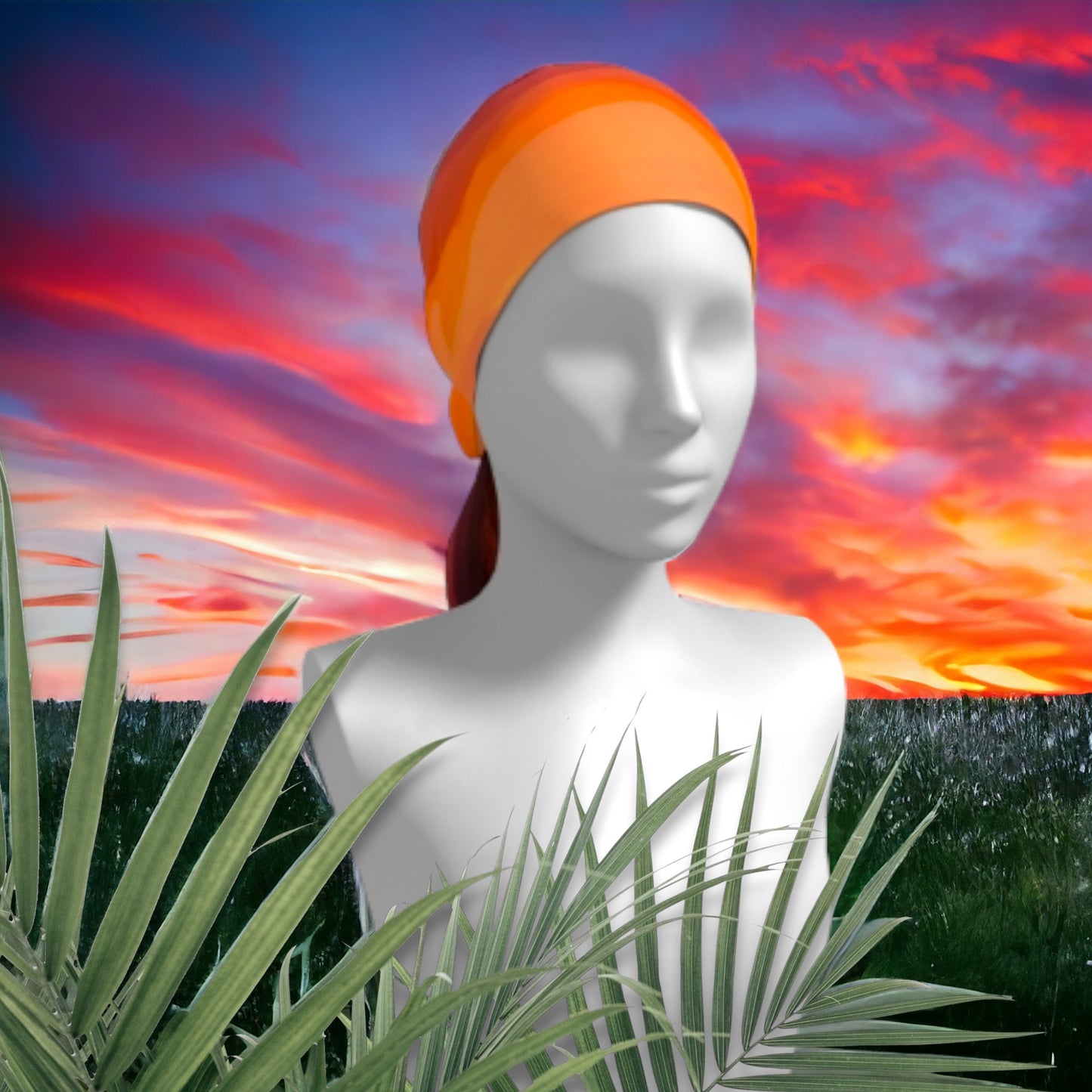 Saratoga Beach sunset long scarf shown worn as a head wrap.