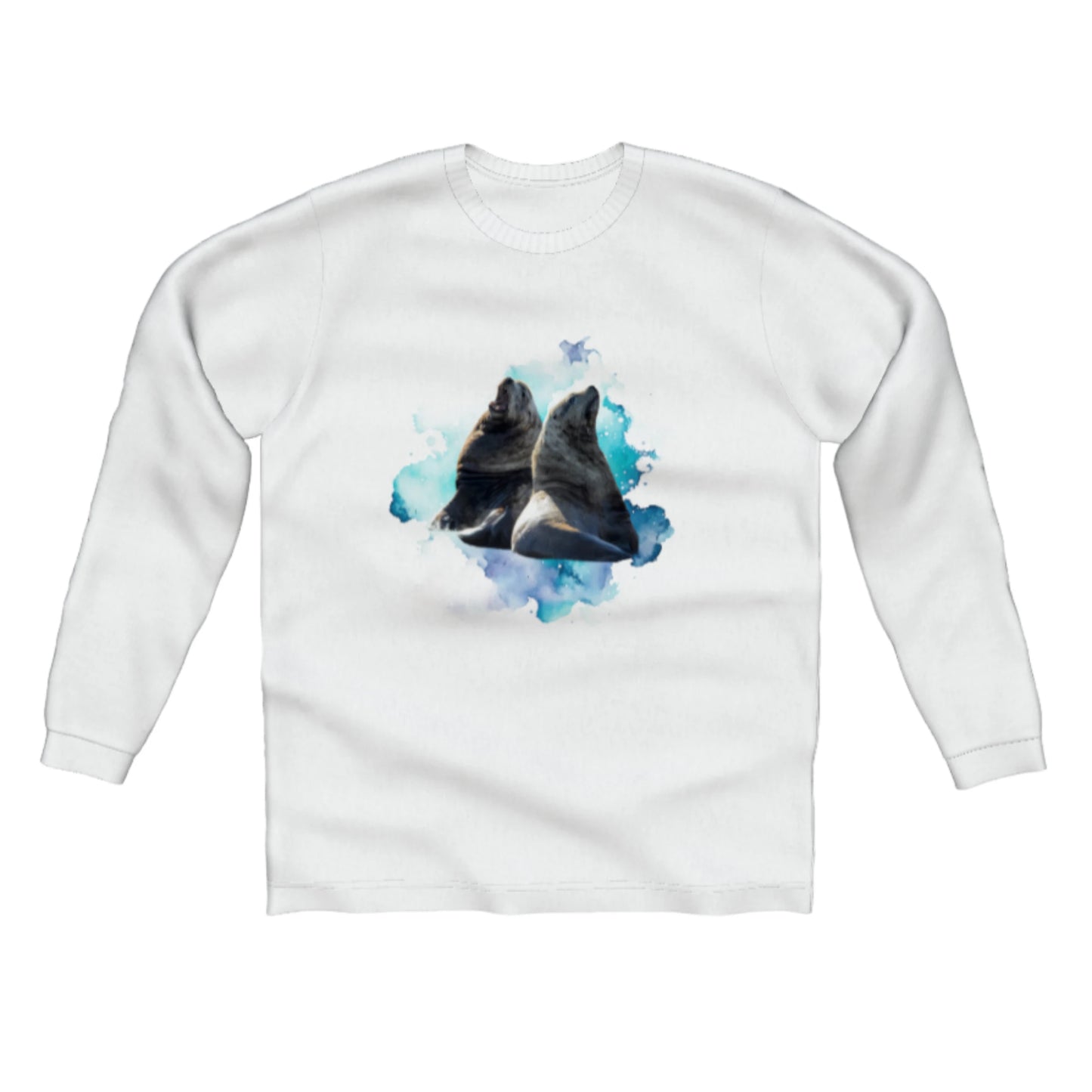 Sea Lions Communication Comfort Long Sleeve Unisex T-shirt. The image on the shirt is of two sea lions with a blue abstract of colours. by van isle goddess dot com