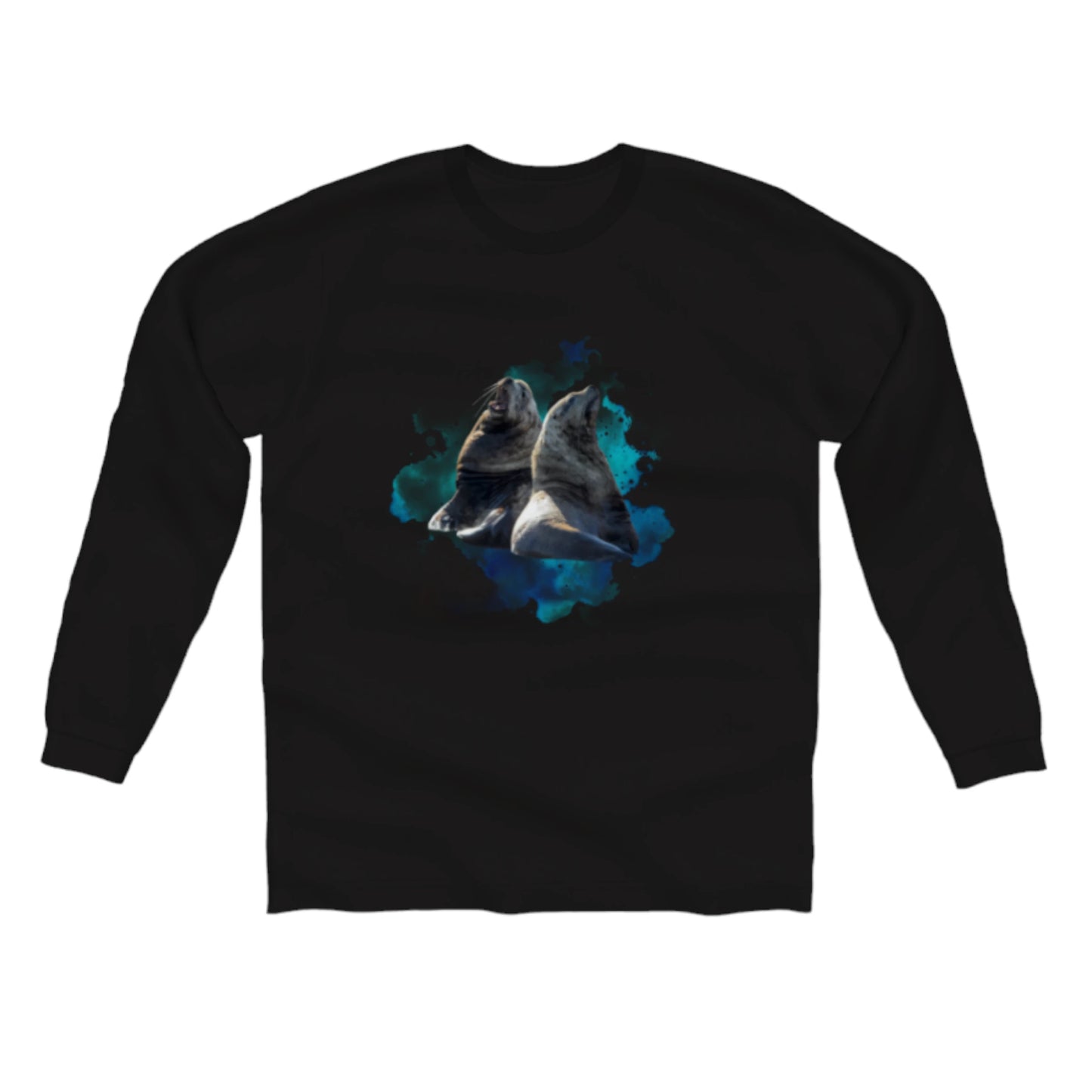 Sea Lions Communication Comfort Long Sleeve Unisex T-shirt. The image on the shirt is of two sea lions with a blue abstract of colours. by van isle goddess dot com