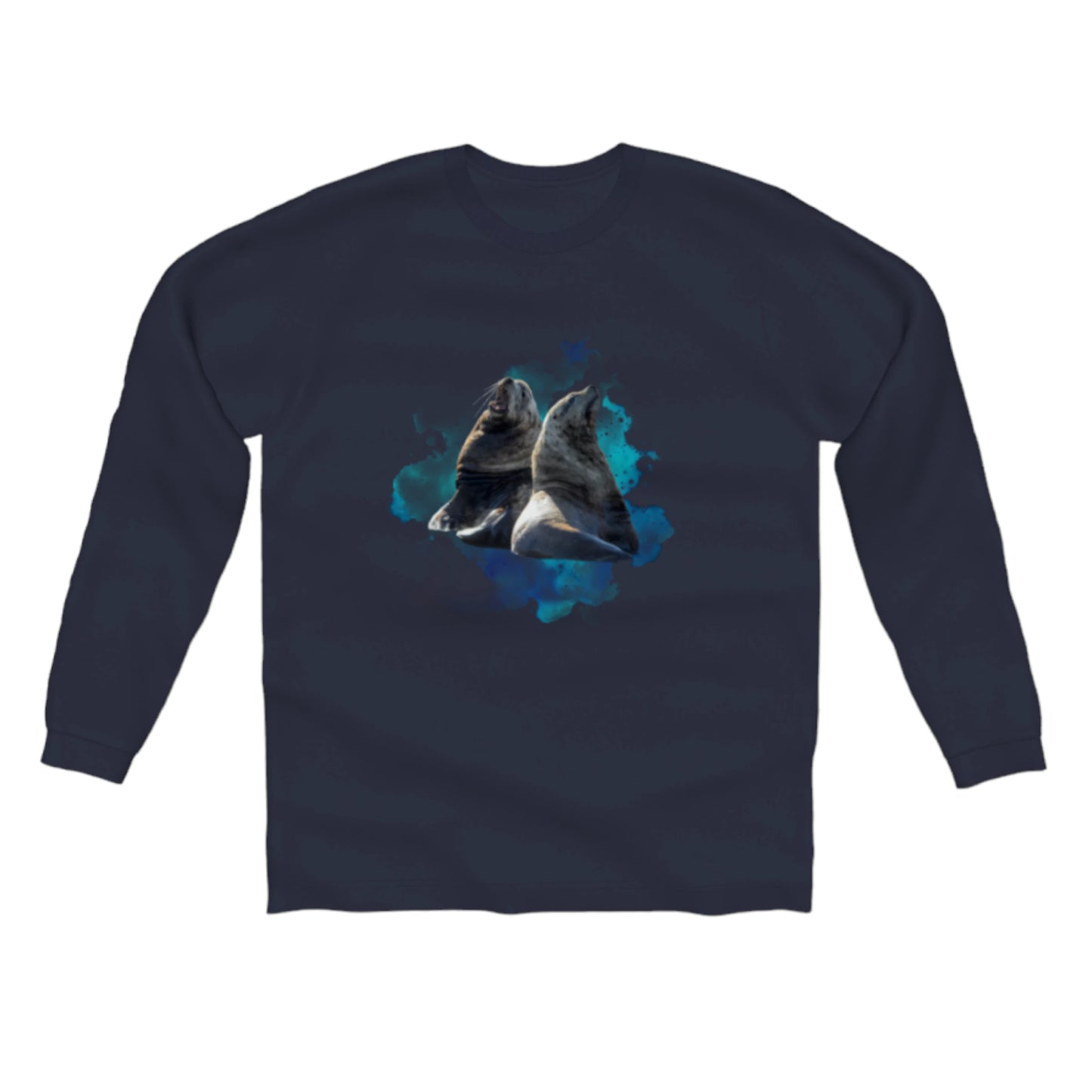 Sea Lions Communication Comfort Long Sleeve Unisex T-shirt. The image on the shirt is of two sea lions with a blue abstract of colours. by van isle goddess dot com