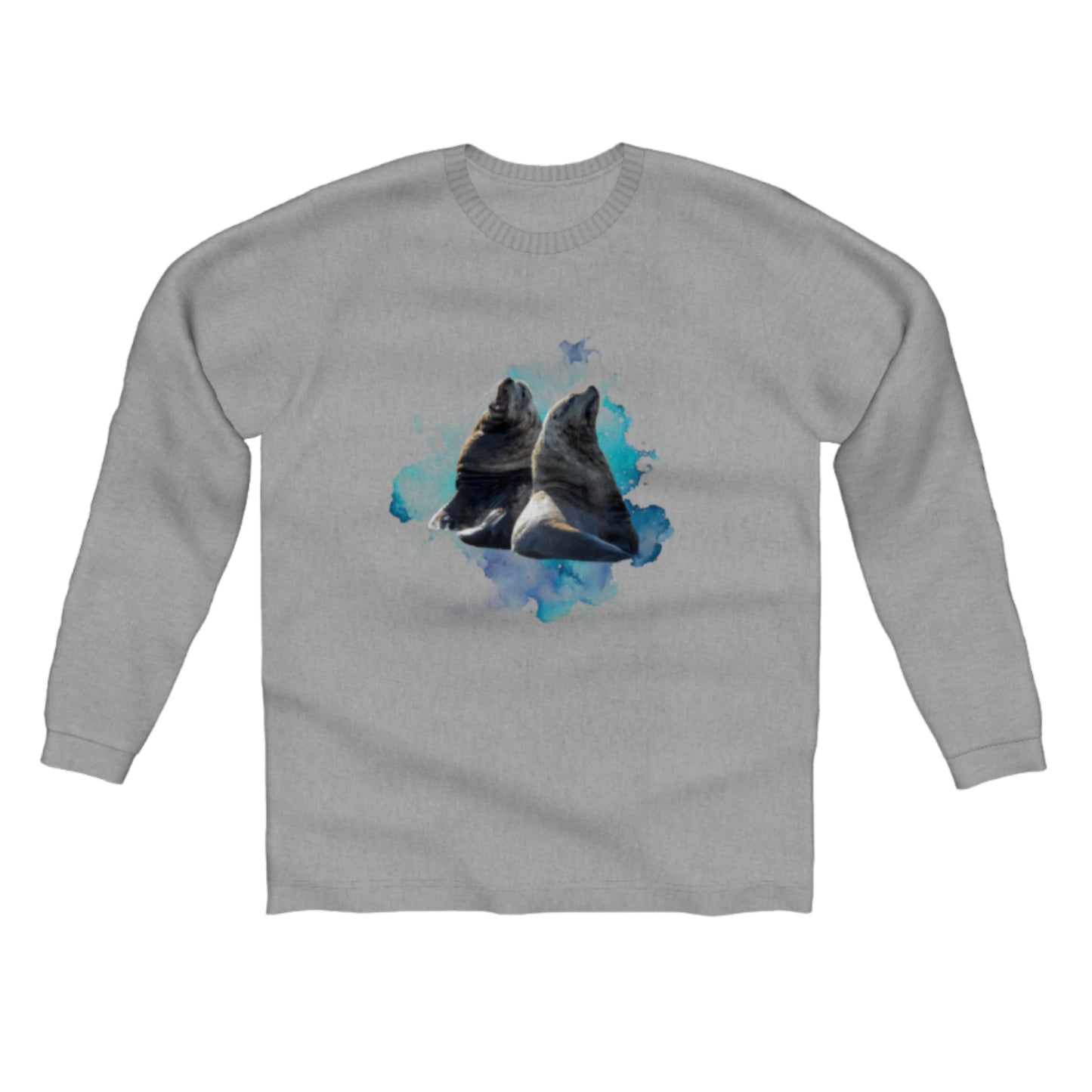 Sea Lions Communication Comfort Long Sleeve Unisex T-shirt. The image on the shirt is of two sea lions with a blue abstract of colours. by van isle goddess dot com