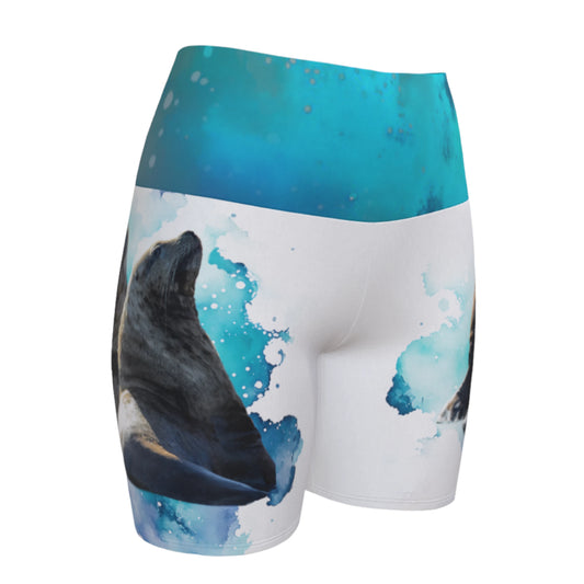Sea Lions Communication yoga shorts features an image of two sea lions one is barking and the other is listening. The shorts are predominantly white.