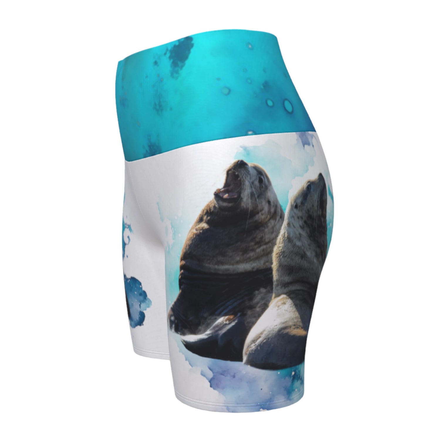 Sea Lions Communication yoga shorts features an image of two sea lions one is barking and the other is listening. The shorts are predominantly white.