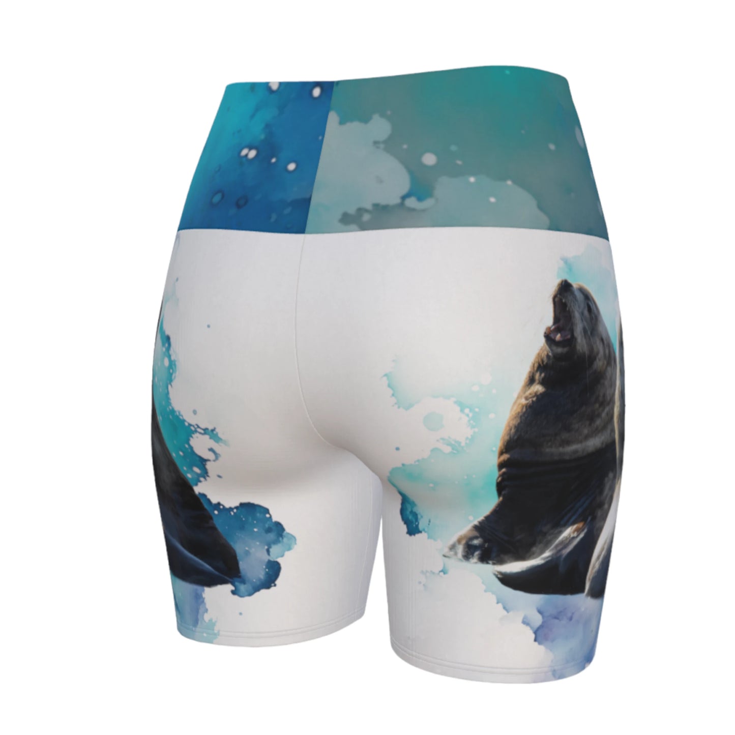 Sea Lions Communication yoga shorts features an image of two sea lions one is barking and the other is listening. The shorts are predominantly white.