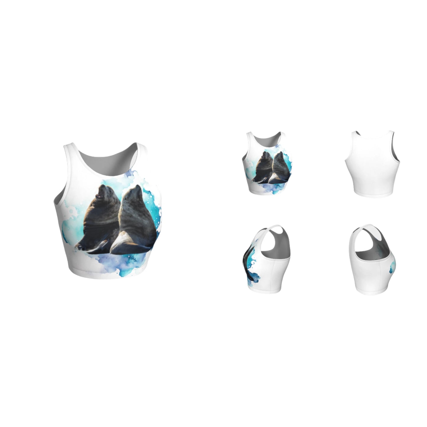 Sea Lions Communication Active Crop Top. The image on the top is of two sea lions talking to one another. The image is on a blue turquoise abstract background on a white top.