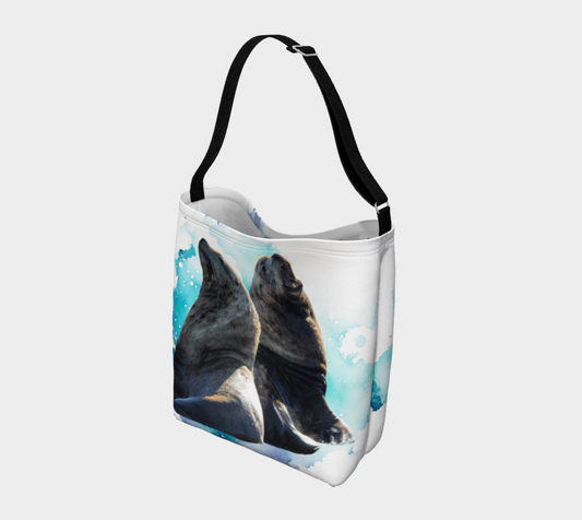 Sea Lions Communication Neoprene Day Tote: Engaging Coastal Wildlife Tote Bag