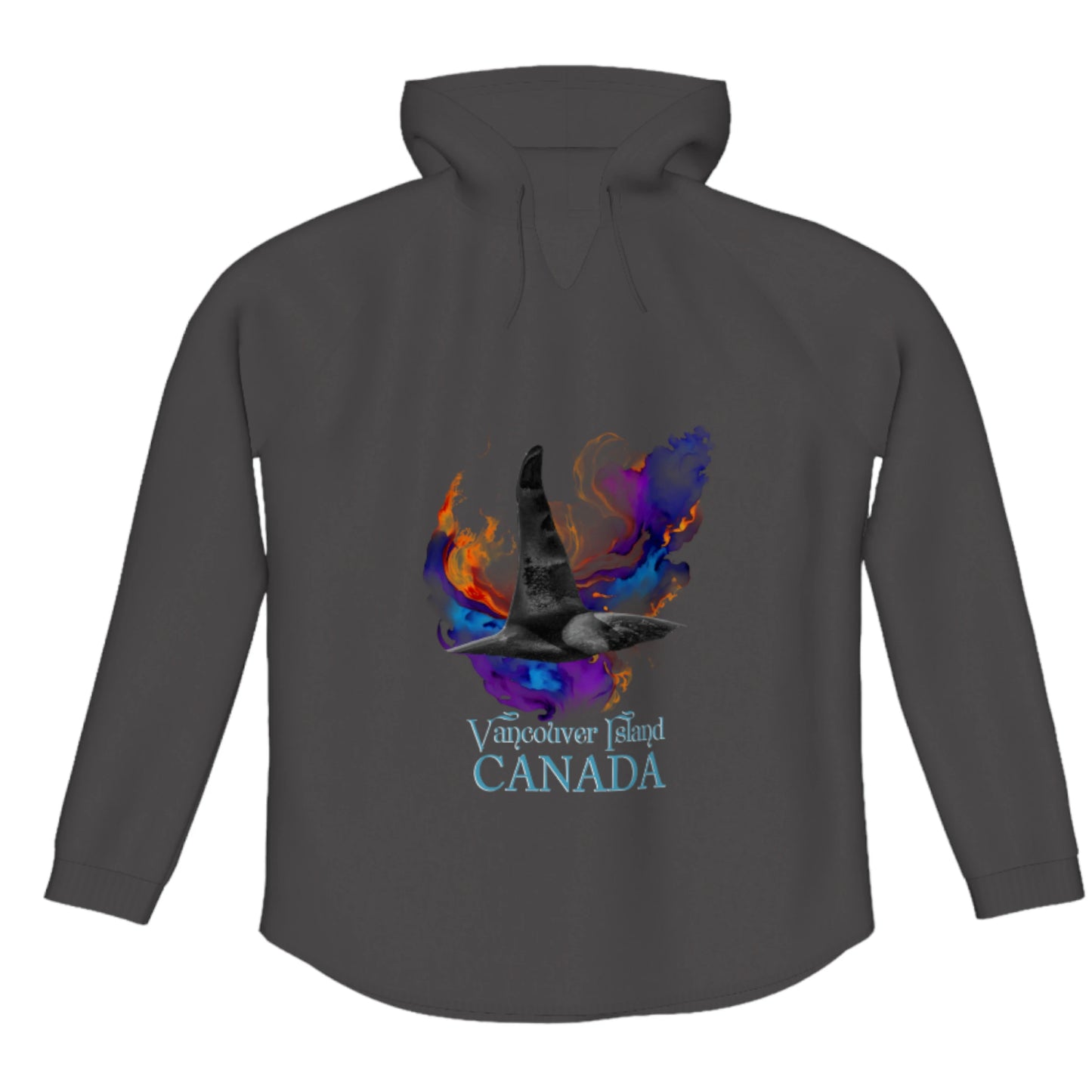 Orca Aura Vancouver Island Canada Flow Pullover Hoodie. The image is of a male orca dorsal fin on a colourful abstract background. the words read Vancouver Island Canada