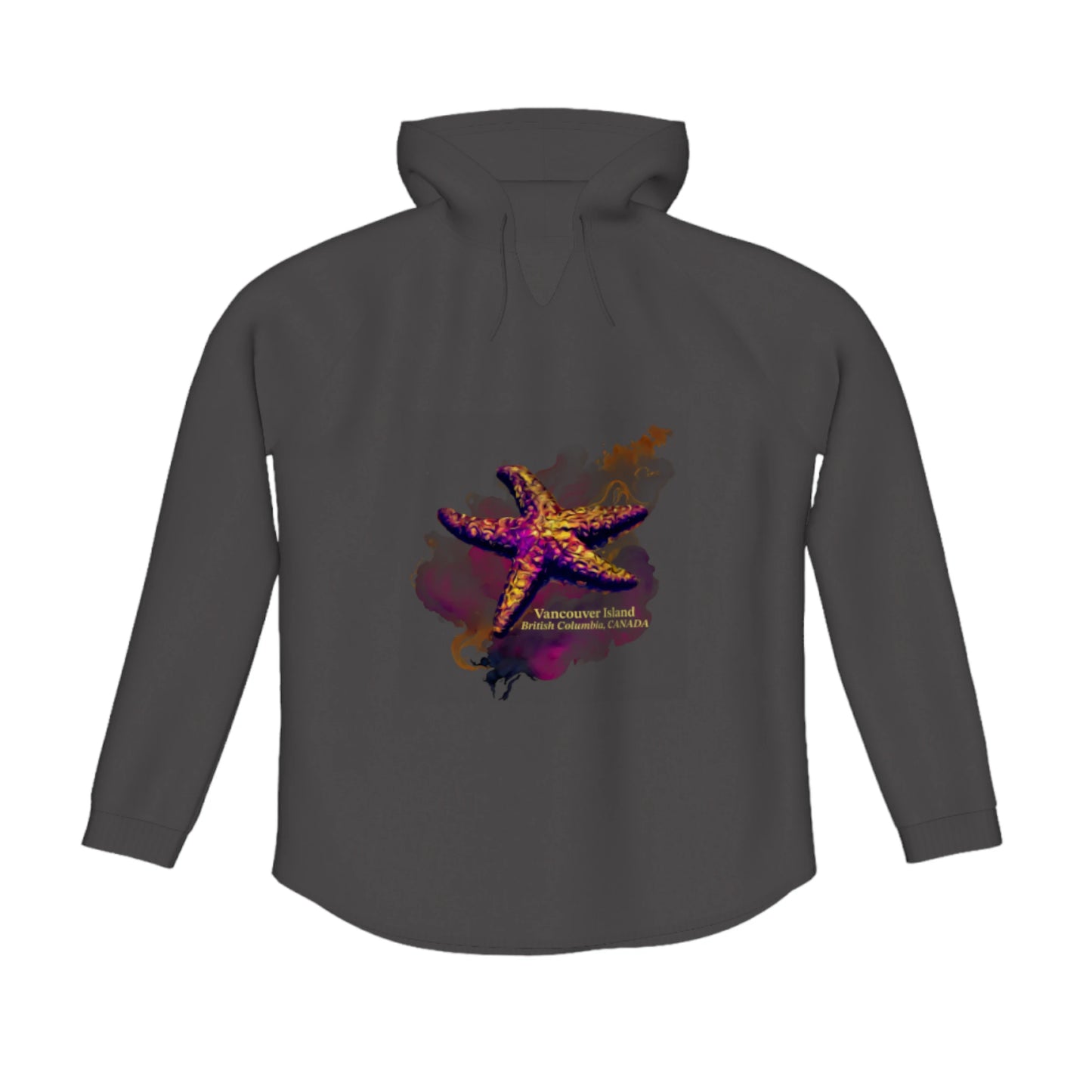 Star Track Vancouver Island BC Canada Flow Pullover Hoodie. The image is of a starfish with a colourful abstract background. The words read Vancouver Island, British Columbia, Canada.