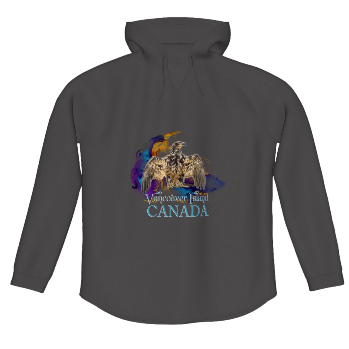 Thunderbird Vancouver Island Canada Flow Pullover Hoodie. The image is of a eagle in the thunderbird position with a colourful abstract background. The words read Vancouver Island Canada.