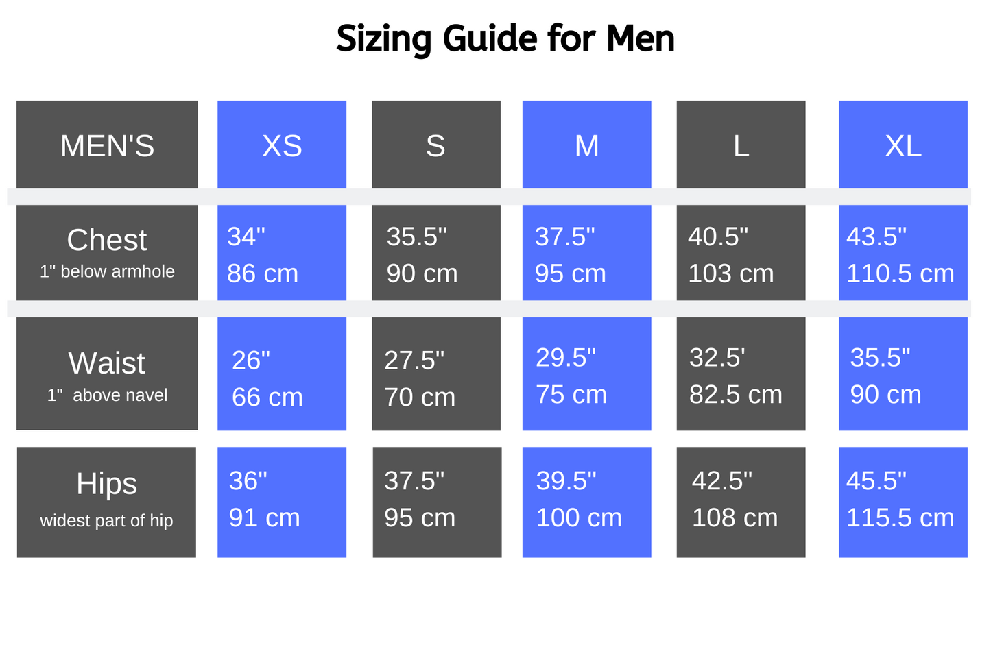 Size chart for Men's t-shirts