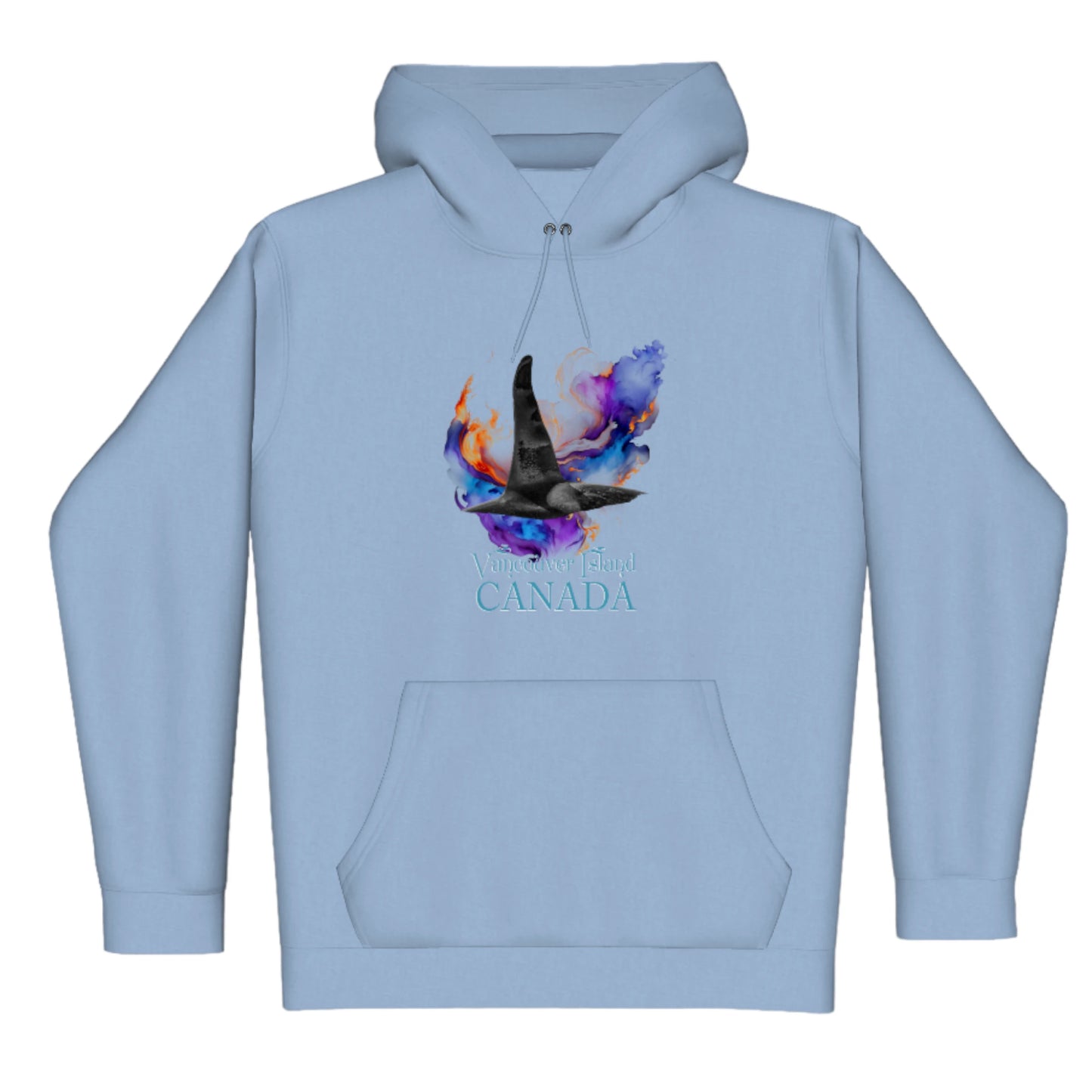Orca Aura Vancouver Island Canada Premium Pullover Hoodie. The image is of male orca dorsal fin with a colourful abstract background. The words read Vancouver Island Canada.