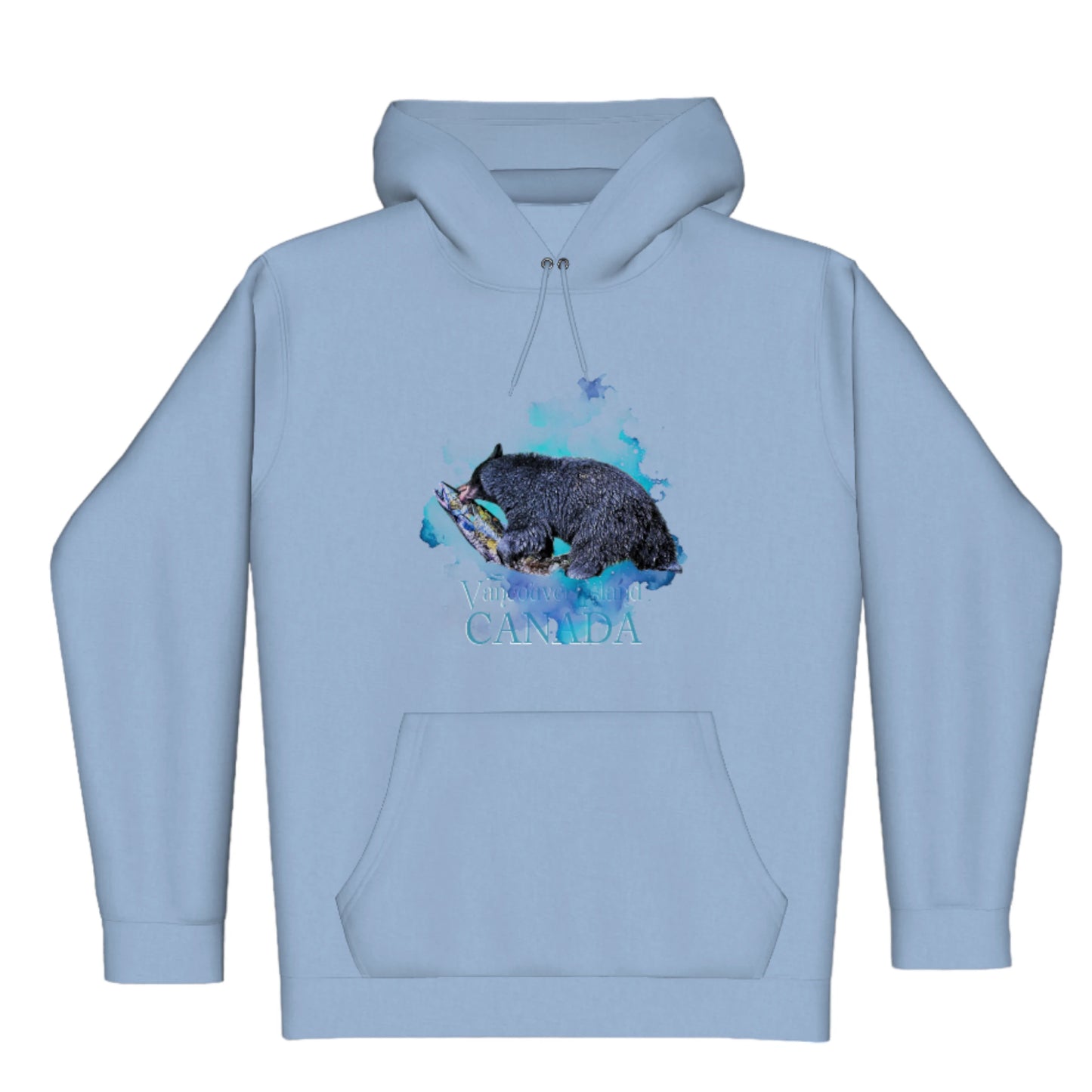Salmon Bear Vancouver Island Canada Premium Pullover Hoodie. The image is of a bear with a fresh caught salmon in its mouth. The background is a colourful blue turquoise abstract.