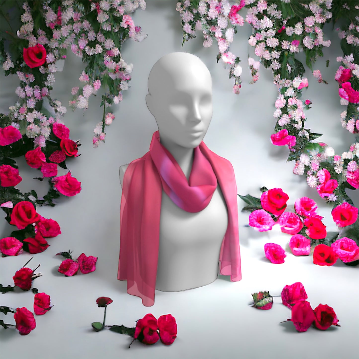 Soft rose long scarf is shown worn around the neck