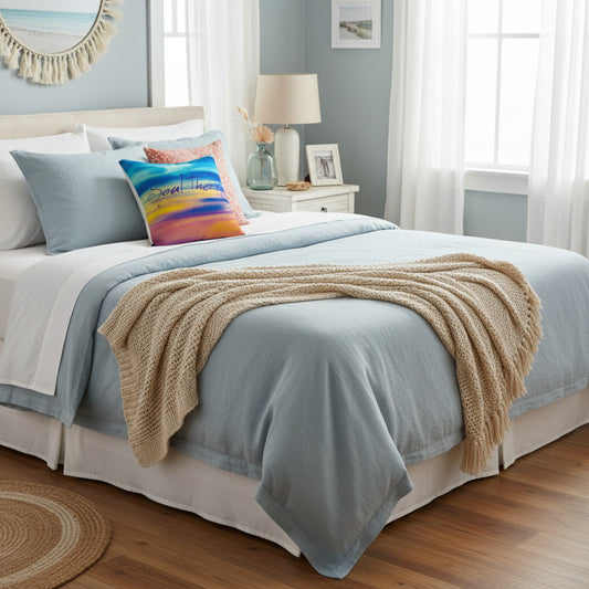 A neatly made bed in a bright bedroom, styled with a light blue duvet cover, white bedding, a beige knit throw blanket, and a colorful beach-print accent pillow. The room has soft blue walls, white curtains, a bedside table with a lamp, and a wood floor.