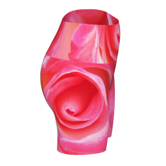 All over print Sparkle Rose Yoga Shorts features a pink rose as the image on the shorts