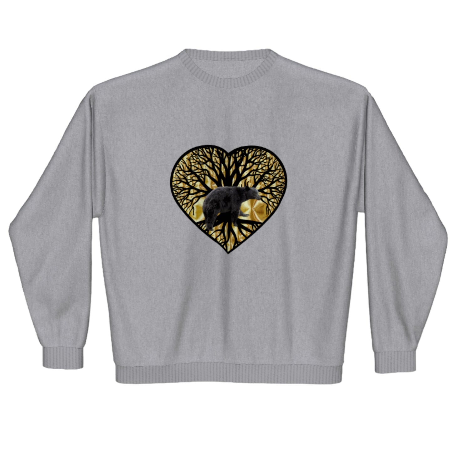 Bear Heart Premium Crewneck Sweatshirt. The image is of a heart with a tree of life and a bear with a gold background.