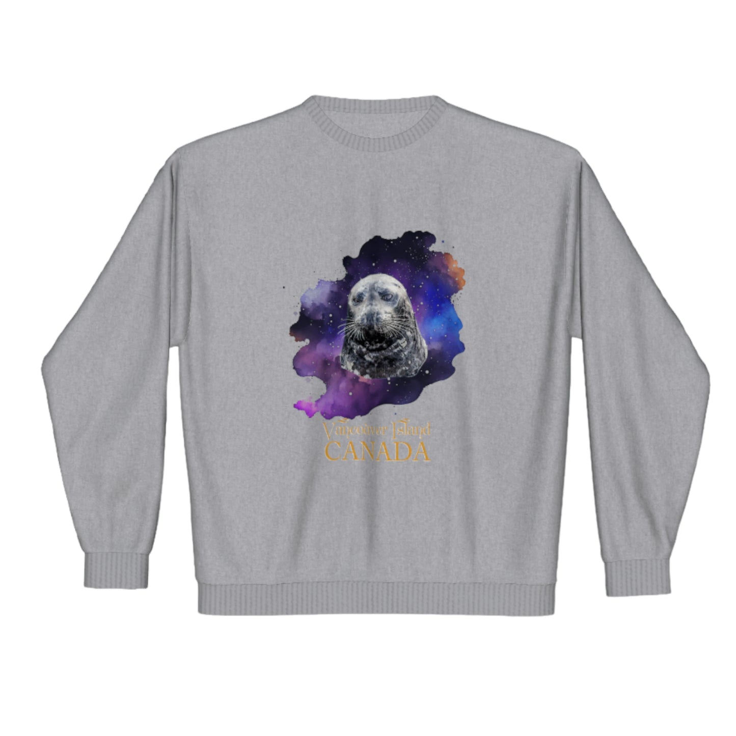 I Love Lucy Vancouver Island Canada Premium Crewneck Sweatshirt. The image is of a harbour seal with a colourful abstract background.