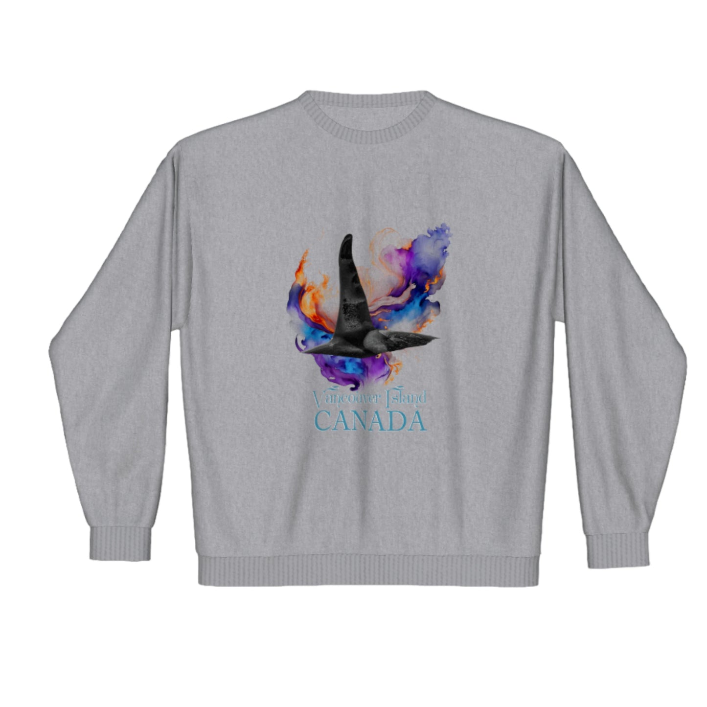 Orca Aura Vancouver Island Canada premium crewneck sweatshirt. The image is of a male orca dorsal fin with colourful abstract background.