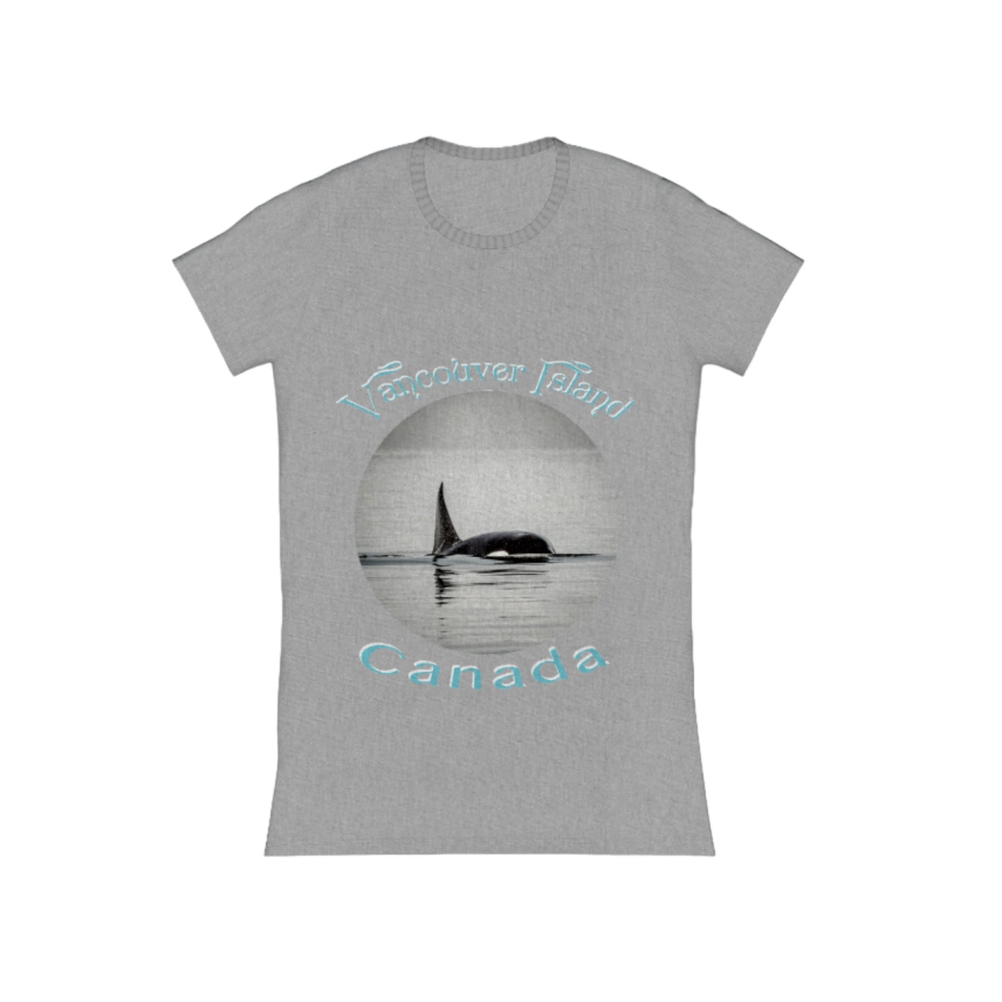 Orca Spray Vancouver Island Canada Comfort Slim Fit T-shirt. The image on the front of the t shirt is a orca in the ocean . The words on the shirt read vancouver island canada