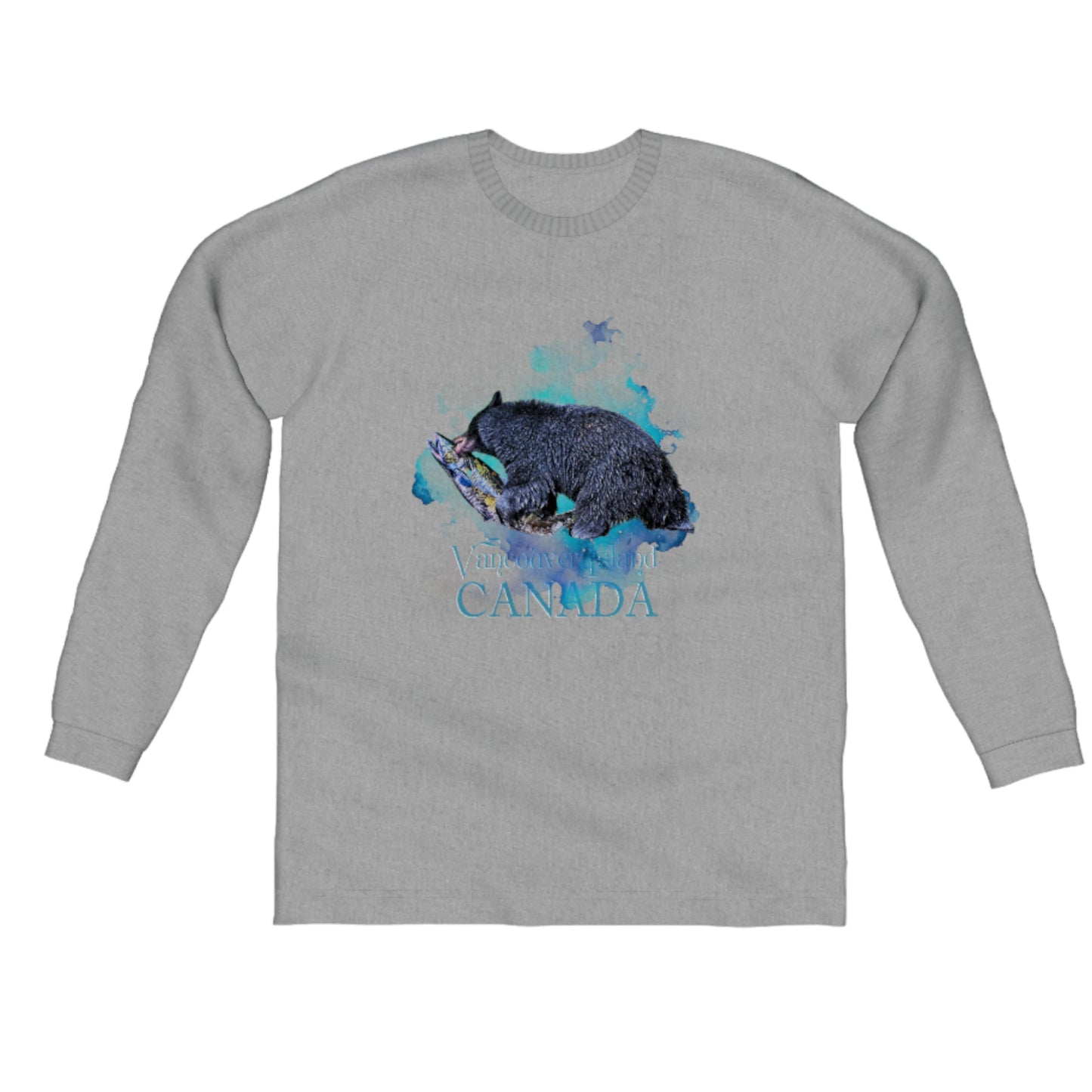 Salmon Bear Vancouver Island Canada Comfort Long Sleeve Unisex T-shirt. The image is of a bear with a fresh caught salmon in its mouth. The words on the shirt say Vancouver Island Canada. by van isle goddess dot com
