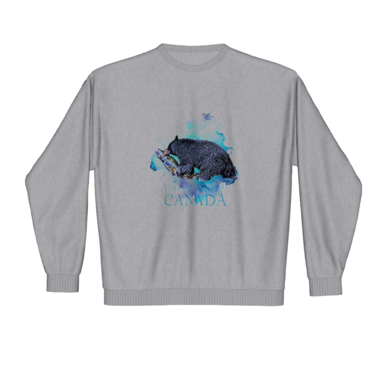 Salmon Bear VAncouver Island Canada Premium crewneck sweatshirt. The image is of a bear with a fresh caught salmon it is mouth.