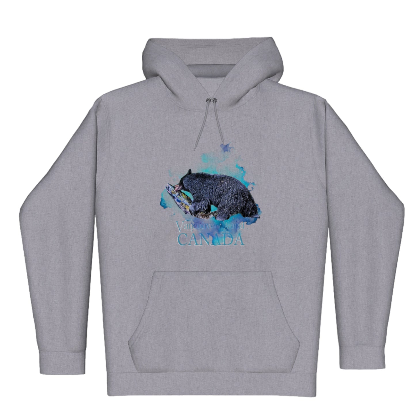 Salmon Bear Vancouver Island Canada Premium Pullover Hoodie. The image is of a bear with a fresh caught salmon in its mouth. The background is a colourful blue turquoise abstract.