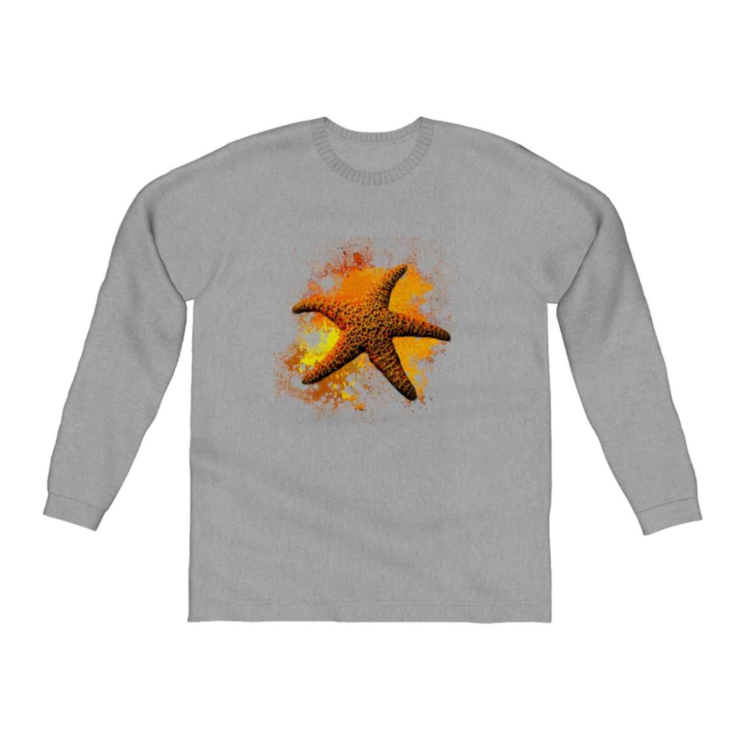 Starfish Orange Comfort Long Sleeve Unisex T-Shirt. The image on the front is of a orange starfish with a colourful abstract of orange, yellow, and red. by van isle goddess dot com