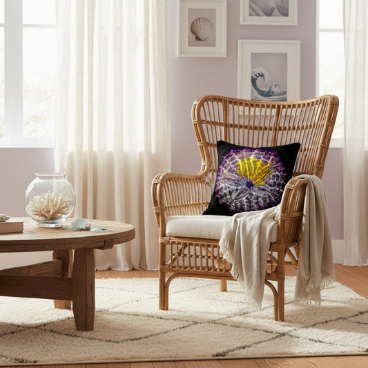 A tall woven rattan armchair in a bright living room, styled with a black throw pillow featuring a purple and yellow flower design, a cream throw blanket, and a round wooden coffee table nearby.