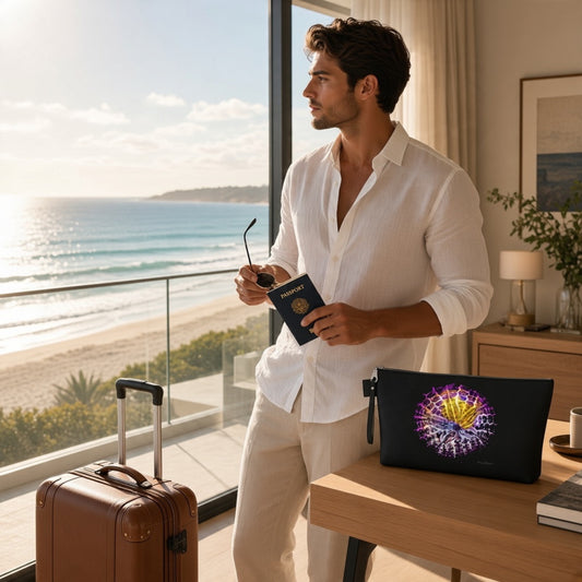 A man in a white linen shirt and beige trousers stands in a sunlit hotel room by a large window overlooking the ocean, holding a passport and sunglasses. A brown suitcase sits nearby, and a black pouch with a colorful abstract print rests on the table in front of him.