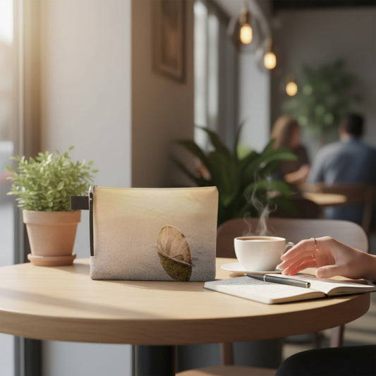 Person using an adventure tote with a coffee cup and notebook on a table in a cafe.