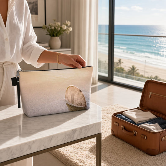 A woman in a white robe places a beach-themed zippered pouch on a marble table next to an open brown suitcase with folded clothes, set against a bright window view of the ocean and beach.
