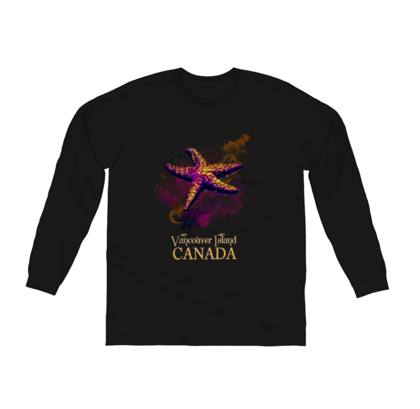 Star Track Vancouver Island Canada Comfort Long Sleeve Unisex T-shirt. the image on the front is of a starfish with a colourful abstract background. The words on the front say vancouver island canada by van isle goddess dot com