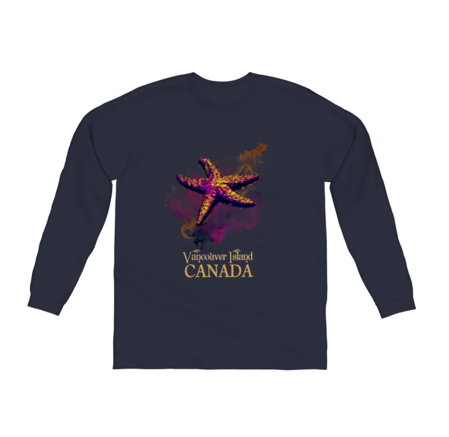 Star Track Vancouver Island Canada Comfort Long Sleeve Unisex T-shirt. the image on the front is of a starfish with a colourful abstract background. The words on the front say vancouver island canada by van isle goddess dot com