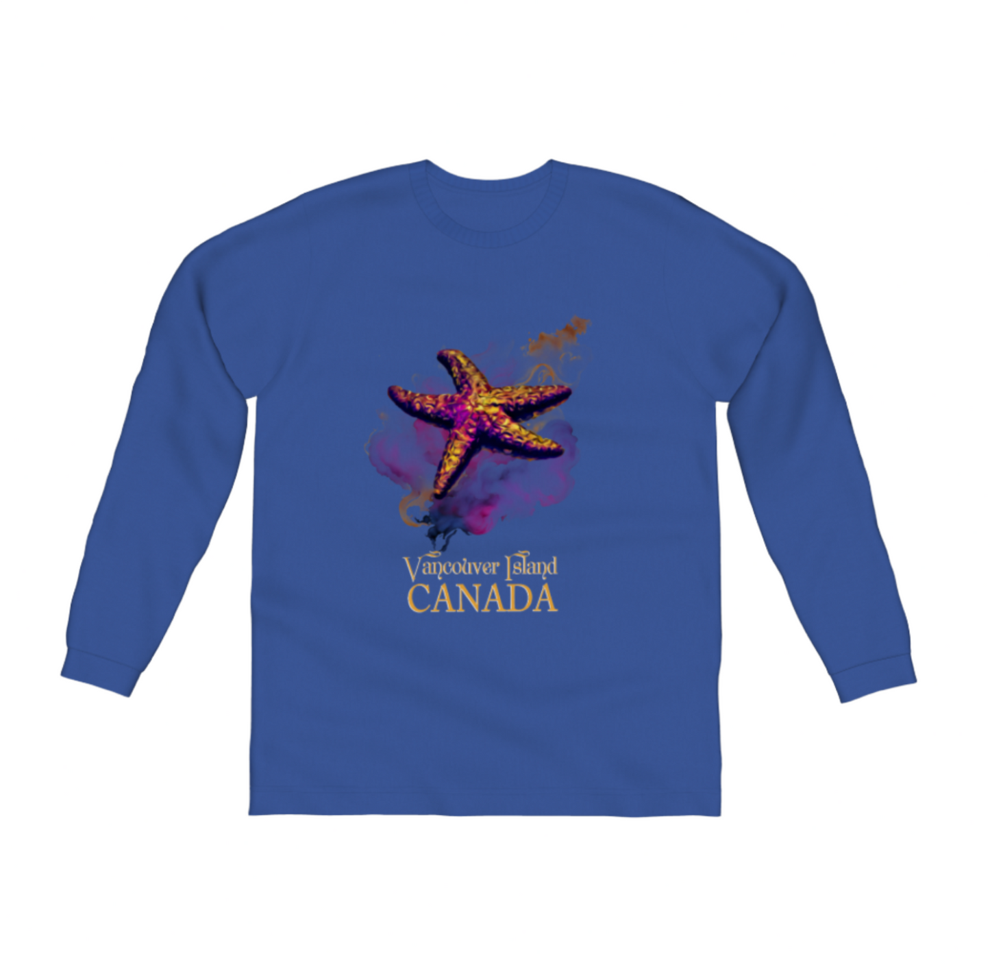 Star Track Vancouver Island Canada Comfort Long Sleeve Unisex T-shirt. the image on the front is of a starfish with a colourful abstract background. The words on the front say vancouver island canada by van isle goddess dot com