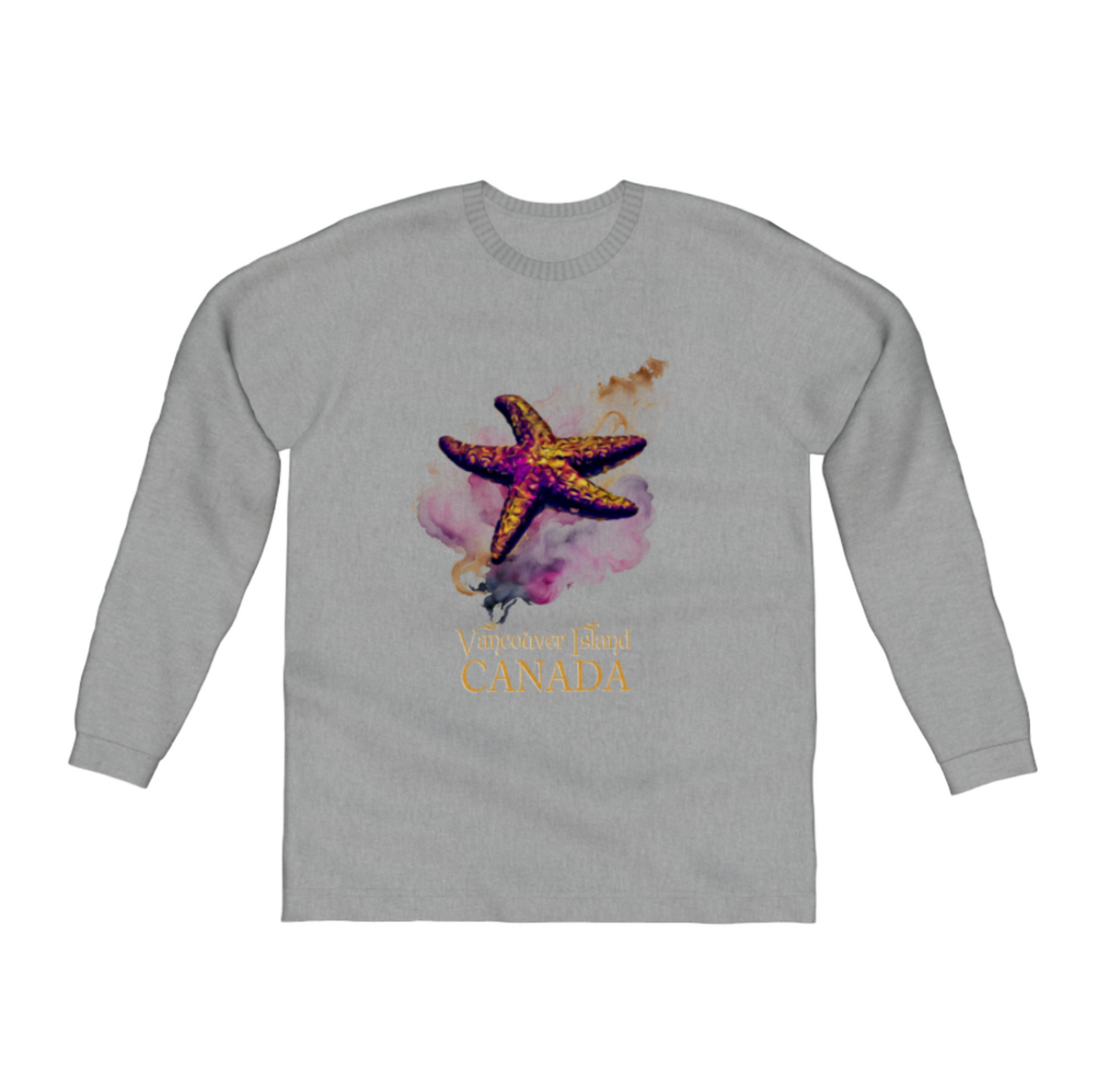 Star Track Vancouver Island Canada Comfort Long Sleeve Unisex T-shirt. the image on the front is of a starfish with a colourful abstract background. The words on the front say vancouver island canada by van isle goddess dot com
