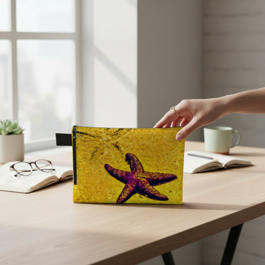 Hand reaching for a yellow pouch with a starfish design on a desk.