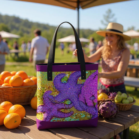Woman holding a colorful tote bag with an starfish design at an outdoor market.