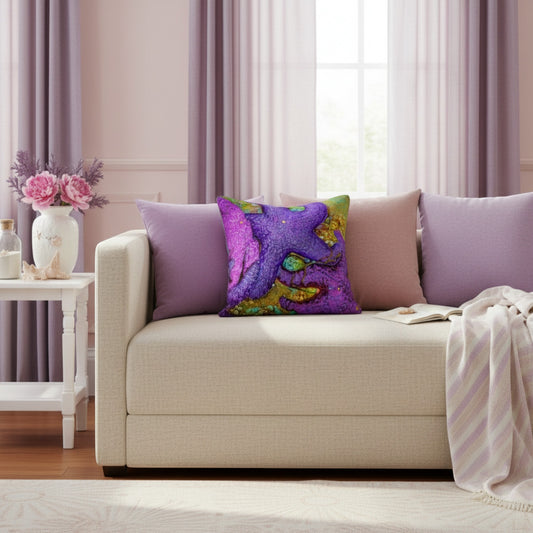 A decorative throw pillow featuring a colorful, textured purple starfish design, styled on a cream-colored sofa in a softly lit room with lavender curtains and matching pillows.