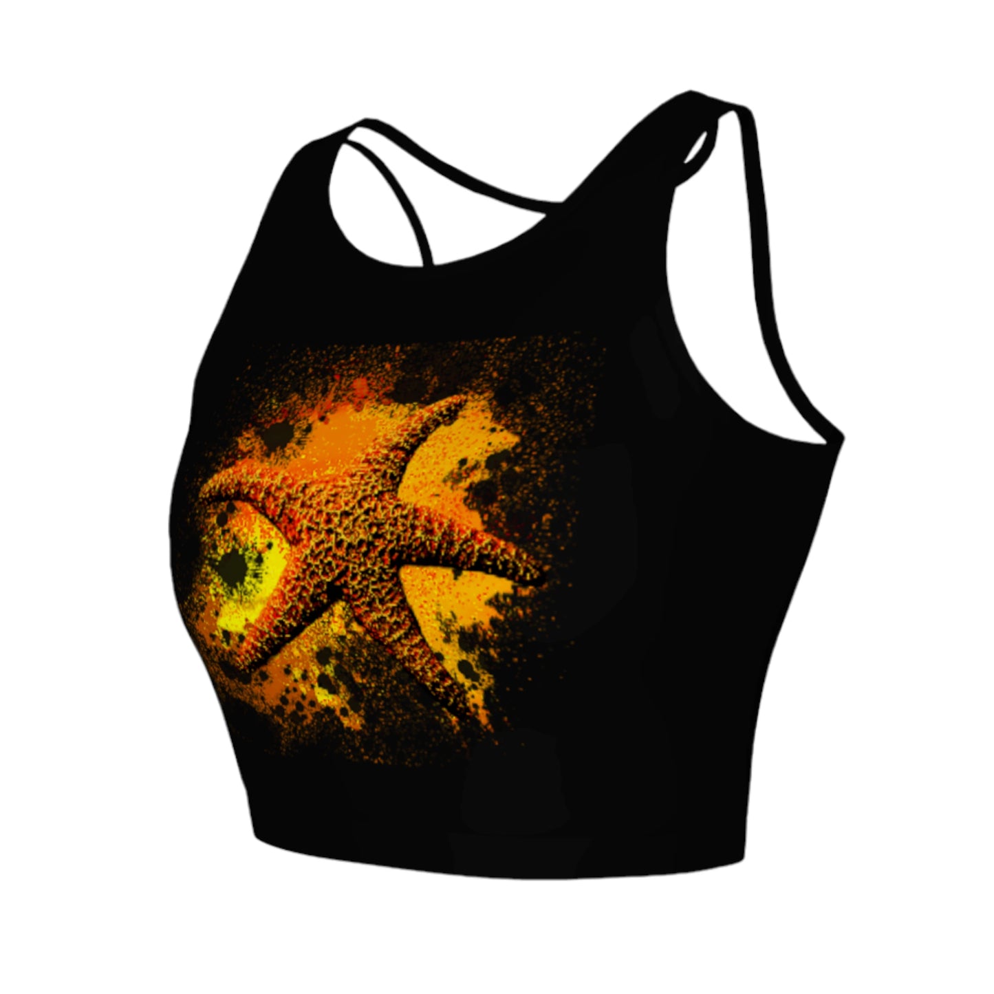 Starfish Orange Active Crop Top. The image on the top is that of a orange starfish on a abstract background and is on a black top.