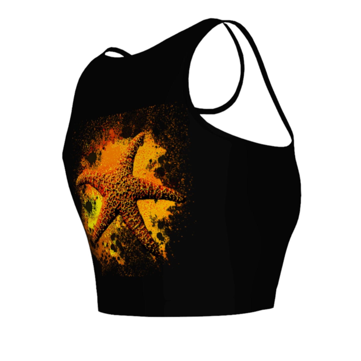 Starfish Orange Active Crop Top. The image on the top is that of a orange starfish on a abstract background and is on a black top.