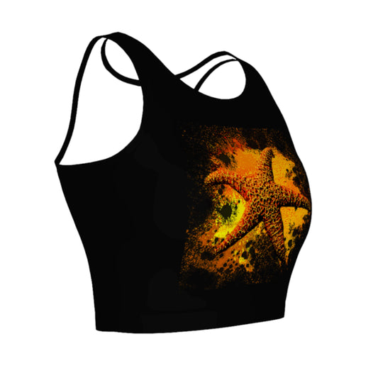Starfish Orange Active Crop Top. The image on the top is that of a orange starfish on a abstract background and is on a black top.