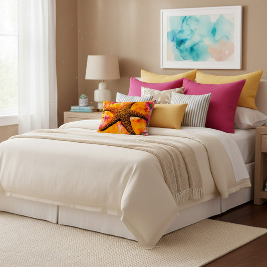 A styled bed in a bedroom setting, featuring a cream-colored comforter, a beige knit throw blanket, and an assortment of decorative pillows including a prominent orange and yellow starfish print pillow, a magenta pillow, and a yellow pillow.