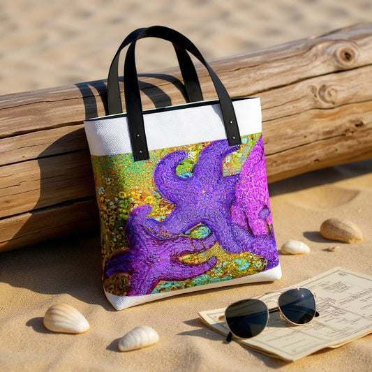 Tote bag with a colorful starfish design on a sandy beach with sunglasses and a newspaper.