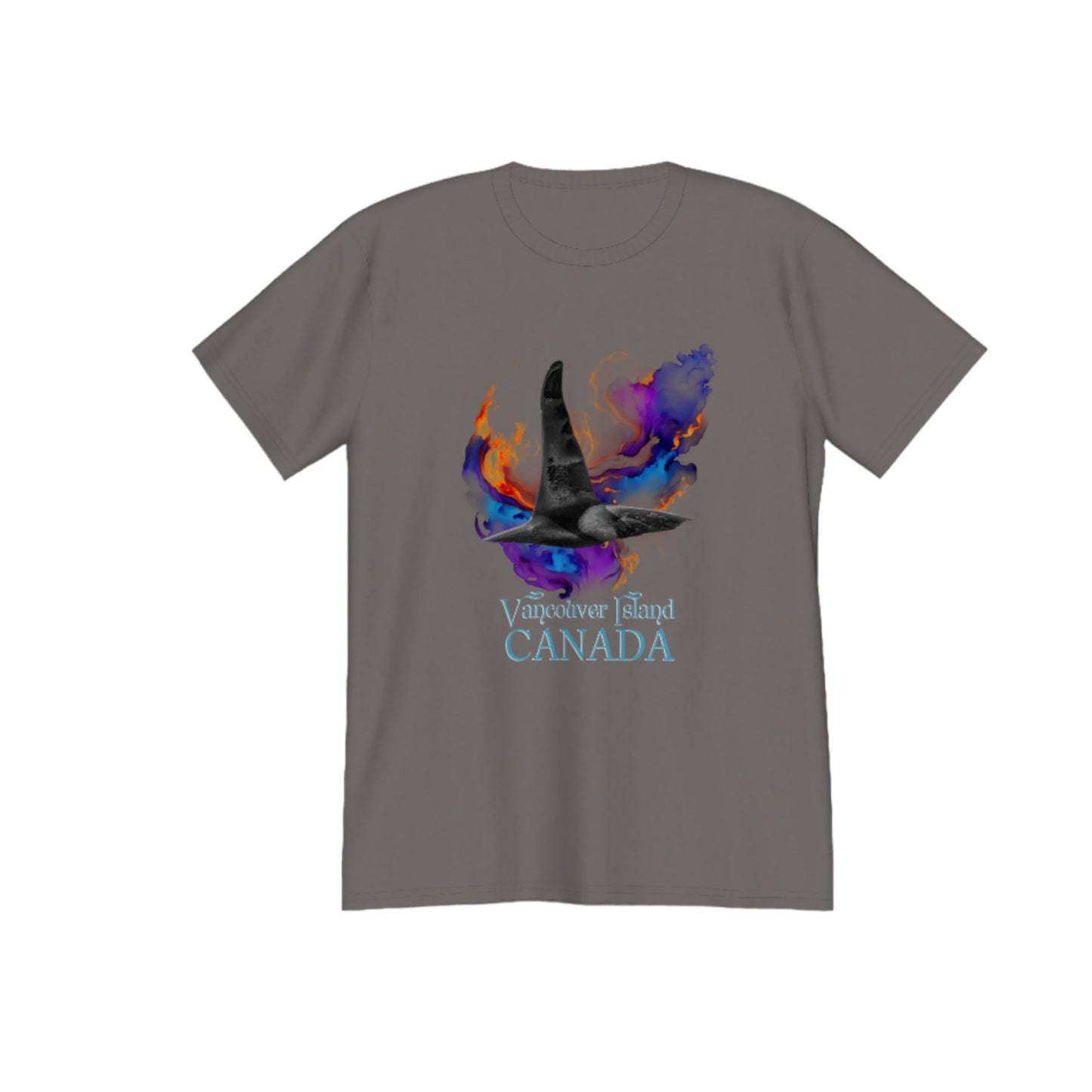 Orca Aura Vancouver Island Canada Premium Unisex t-shirt. The image on the front if of a male orca dorsal fin as it dives back into the water after taking a fresh breath of air. A abstract of colours envelops the orca. by van isle goddess dot com