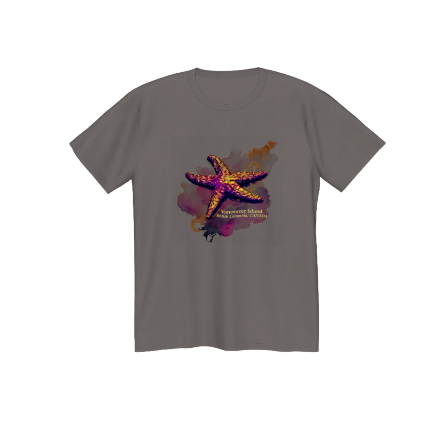 Star Track Vancouver island BC Canada premium unisex tshirt. Features a starfish on the front with a colourful abstract background. The words on the front say Vancouver Island, British Columbia, Canada. by van isle goddess dot com