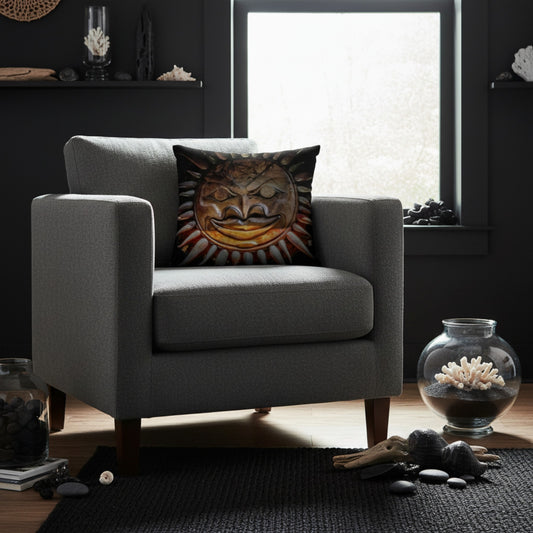 A gray upholstered armchair in a dark room, styled with a square throw pillow featuring a carved sun face design in warm brown, gold, and orange tones.