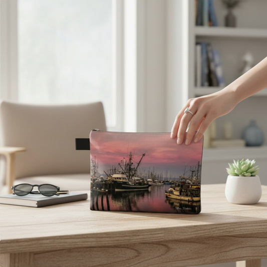 Hand reaching for a pouch with a harbor scene design on a wooden table.