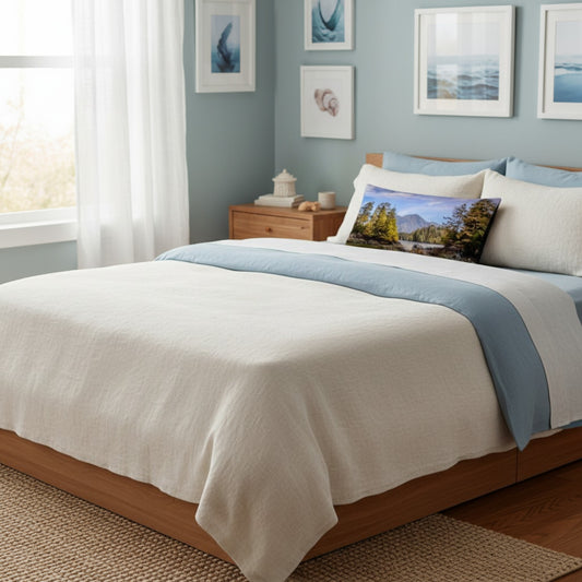 A neatly made bed in a softly lit bedroom, dressed with off-white bedding and a light blue throw blanket. A decorative pillow with a landscape print rests on the bed, alongside white pillows, against a blue-gray wall with framed artwork.