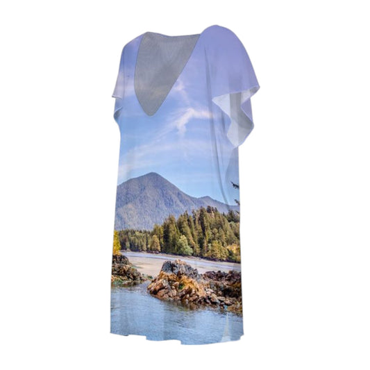 All over print beach dress. Image is of Tofino Inlet.